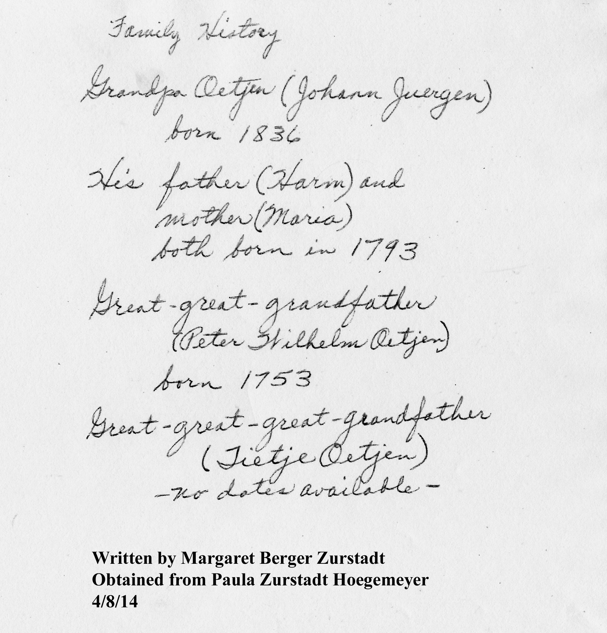 Aunt Marge's Oetjen Family Tree